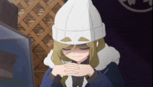 a cartoon girl with her eyes closed wearing a white hat and a blue jacket