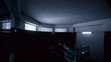 a woman in a bathtub in a dark room with a window