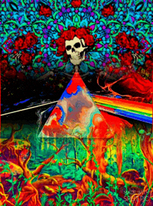 a psychedelic painting with a skull and a pyramid