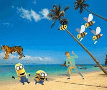 a man stands on a beach surrounded by minions and a tiger and bees