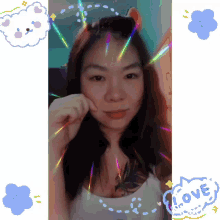a woman 's face is surrounded by a speech bubble with the word love on it