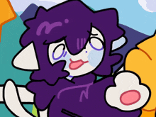 a cartoon drawing of a cat with purple hair and a pink nose