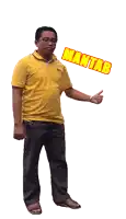 a man in a yellow shirt is giving a thumbs up with the words mantab written around him