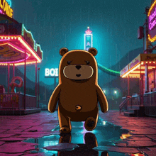 a teddy bear is walking in front of a sign that says boi