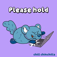 a cartoon of a mouse using a laptop and the words please hold chill chinchilla