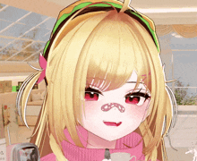 a girl with blonde hair and red eyes is wearing a pink scarf