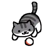 a grey and white cat is playing with a red ball .