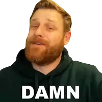 a man with a beard is wearing a green hoodie with the word damn on it