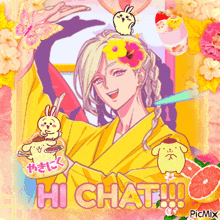 a picture of a man with a bunny on his head and the words hi chat !!!