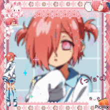 a pixel art of a girl with pink hair and a blue shirt