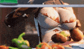 a woman with huge breasts is standing in front of a refrigerator filled with fruits and vegetables .