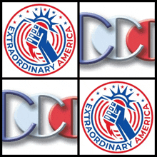 four logos for extraordinary america are shown in red white and blue