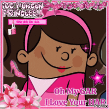 a cartoon girl wearing a pink headband says oh my gar i love your hap
