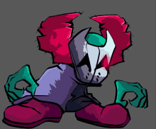 a cartoon drawing of a clown with a red head and green eyes