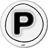 a black letter p in a white circle with cmp below it