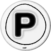 a black letter p in a white circle with cmp below it