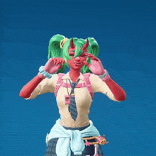 a girl with green hair and red arms is making a funny face