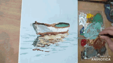 a painting of a boat is being painted by a person