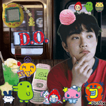 a boy is surrounded by various cartoon characters and a sign that says do.