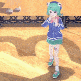 a girl with green hair is standing on a wooden floor in front of a heart shaped shadow .
