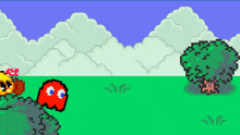 a pixel art of mario standing next to a bush in a field