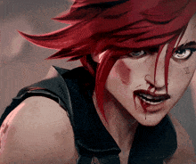 a woman with red hair has a tattoo on her forehead that says ii