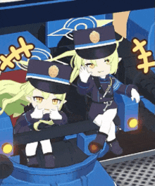 a couple of anime characters sitting on top of a blue object