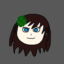 a cartoon drawing of a girl with blue eyes and a green flower in her hair