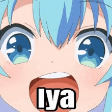 a close up of a anime girl 's face with a mouth open and the word iya written on it .