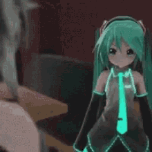 a close up of a 3d anime girl with green hair laying on the floor .