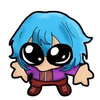 a cartoon drawing of a person with blue hair
