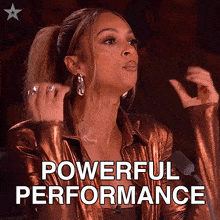 a woman speaking into a microphone with the words powerful performance written above her