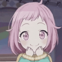 a little girl with pink hair and pink eyes is smiling with her hands on her face .
