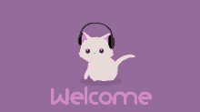 a white cat wearing headphones is on a purple background with the word welcome below it