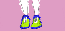 a drawing of a person 's feet wearing a pair of neon green and blue sneakers