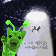 a picture of an alien and a cow with a foreign language written on the bottom