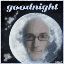 a picture of a man 's face in front of a full moon with the words goodnight written on it