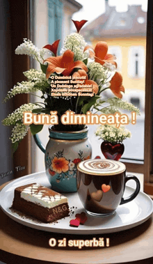 a bouquet of flowers sits next to a cup of coffee on a table