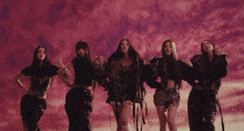 a group of women are standing next to each other in front of a pink sky