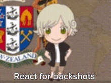 a cartoon character is standing in front of a coat of arms with the words react for backshots