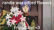 a cartoon of a man holding flowers with the caption randie was gifted flowers from italy < 3