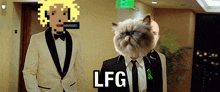 a man in a tuxedo stands next to a cat with the word lfg on the bottom