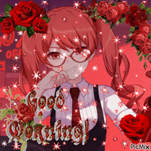 a girl with red hair is surrounded by red roses and the words " good morning "