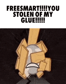 a cartoon character is being destroyed by a bunch of wooden pieces .