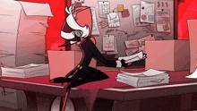 a cartoon character sits at a desk surrounded by papers and boxes with the word pension written on them