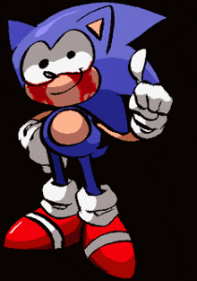 a cartoon drawing of sonic the hedgehog with blood on his face giving a thumbs up