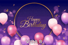 a purple background with pink and purple balloons and the words " happy birthday vida b "