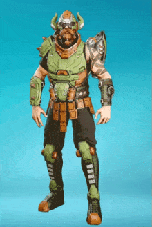 a man in a green and brown armor with horns on his head