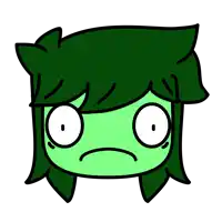 a cartoon character with green hair and white eyes