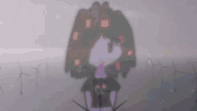 a cartoon of a girl with a nuclear symbol on her shirt stands in front of a field of windmills